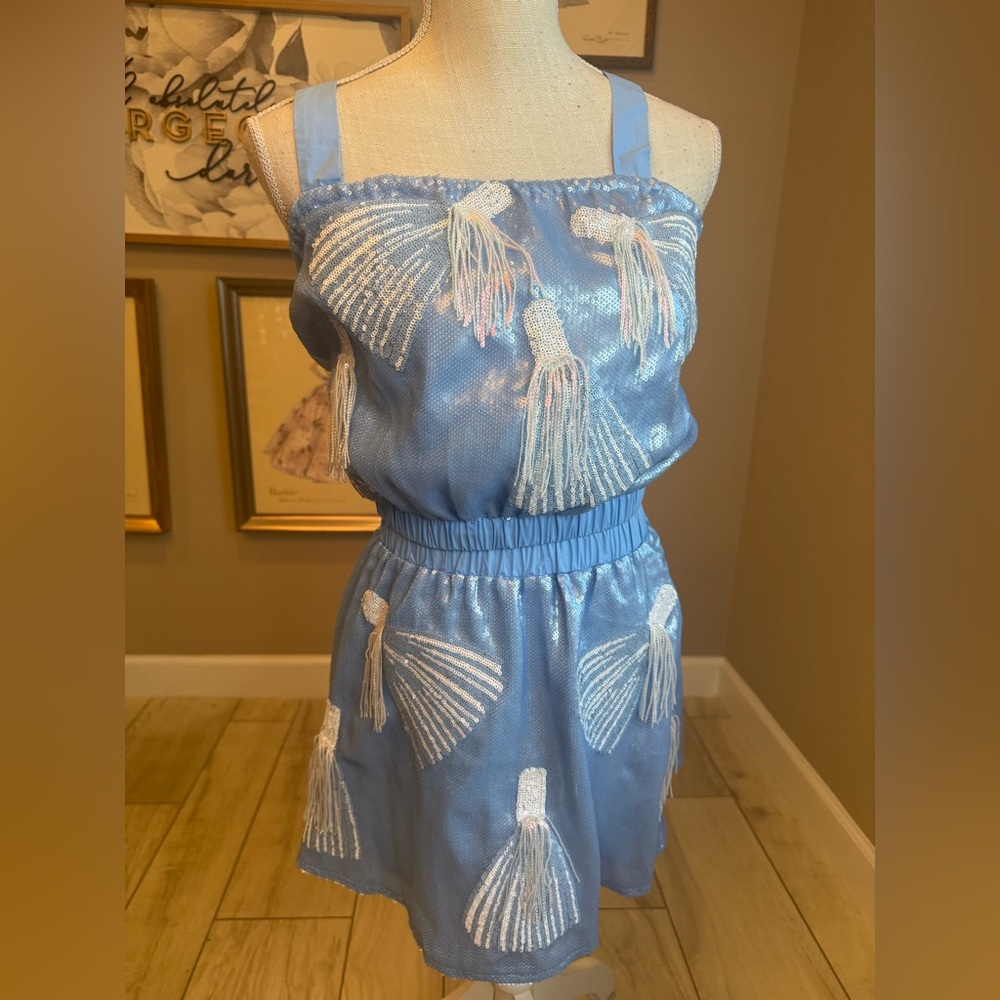 New! QUEEN OF SPARKLES Sequin Blue and White Pom Pom Top & Skirt Set